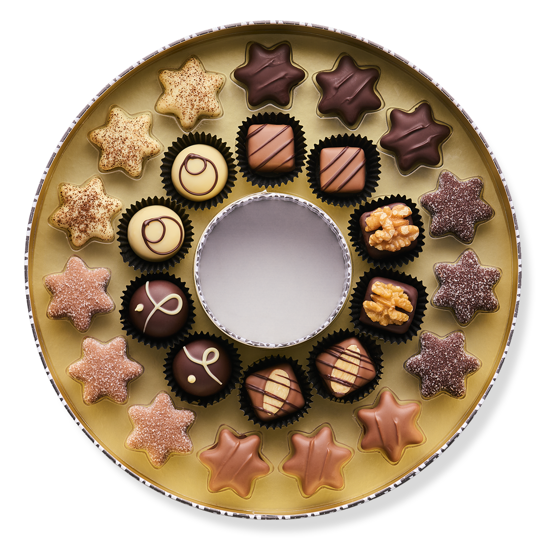 Pralinenschachtel Adventskranz offen mit Trüffelsternen und Pralinen