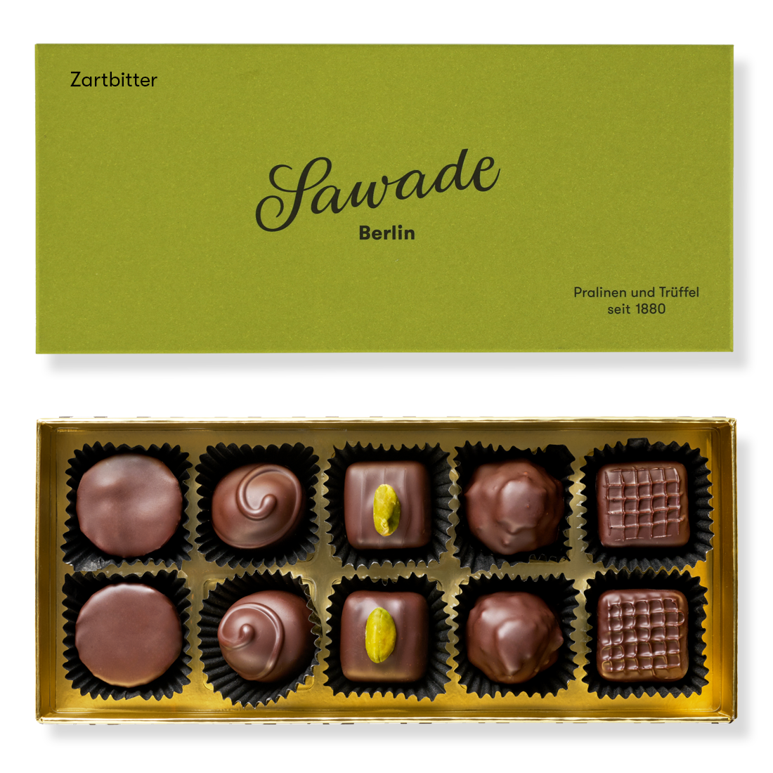 Produktbild: Klassische Pralinenschachtel, Ansicht vom Deckel außen einfarbig Hellgrün und Innenansicht mit zehn unterschiedlichen Pralinen in fünf Sorten