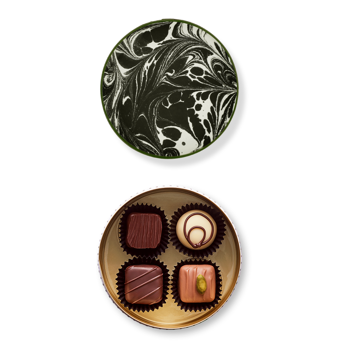 Runddose geöffnet mit Pralinen
