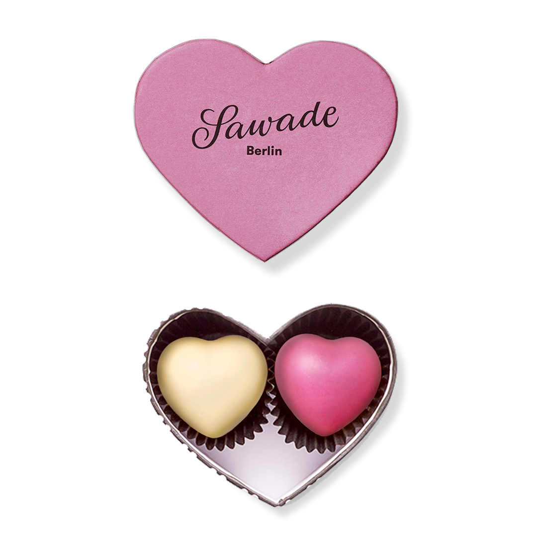 Produktbild: Kleine Herzschachtel gefüllt mit je einem Vanille und Himbeere Trüffelherz