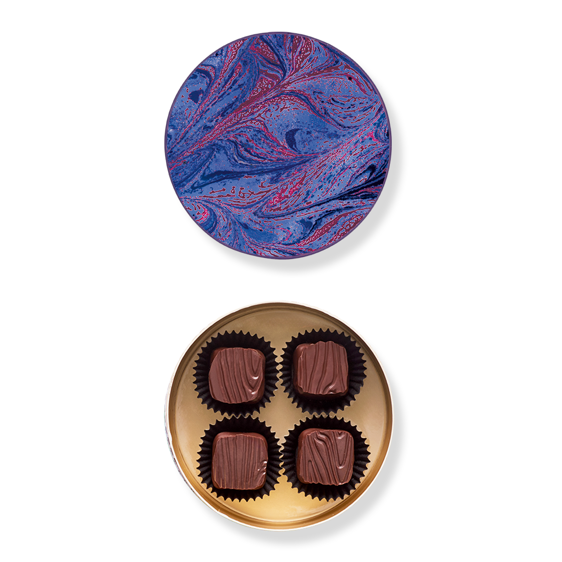 Runddose Königin Luise Praline Produktbild: Kleine Runddose, Ansicht vom Deckel innen mit Marmormuster violett-blau und Innenansicht mit vier Königin Luise Pralinen