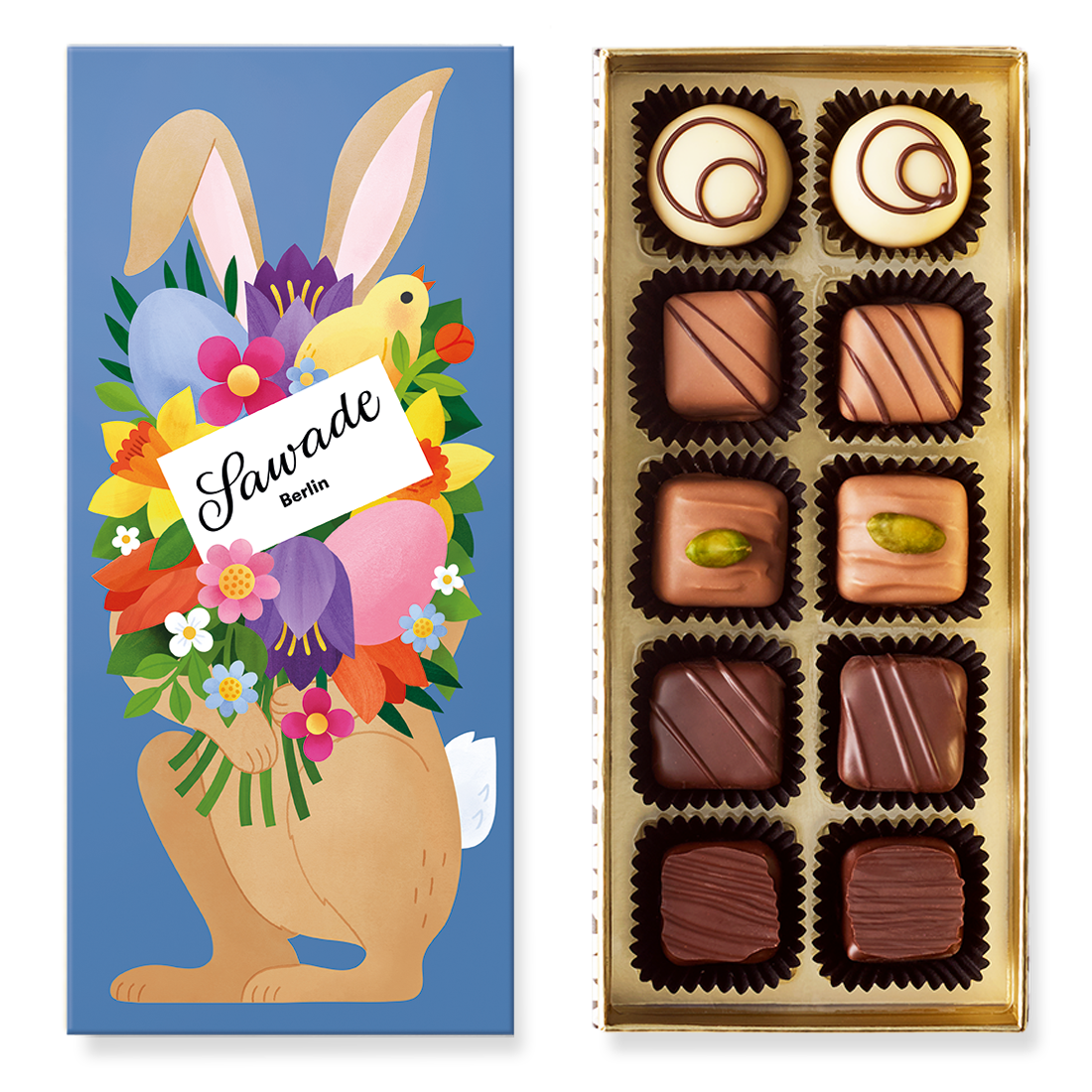 Pralinenschachtel Osterhase mit Motiv und Inhalt