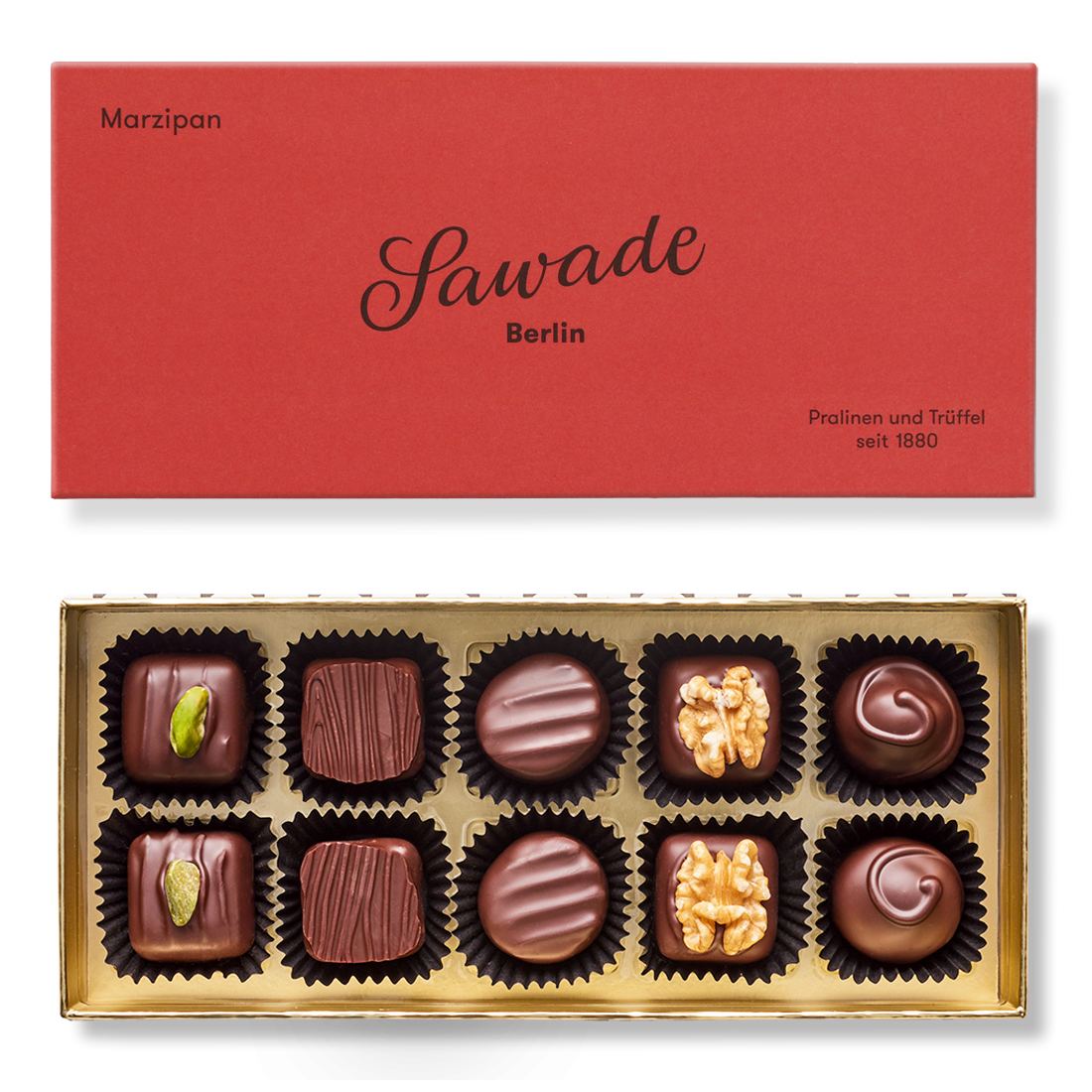 Pralinenschachtel Marzipan Produktbild: Klassische Pralinenschachtel, Ansicht vom Deckel außen einfarbig Orange-Rot und Innenansicht mit zehn unterschiedlichen Pralinen in fünf Sorten