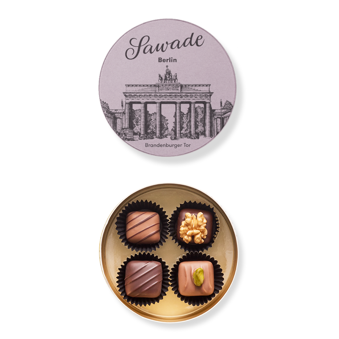 Runddose Brandenburger Tor Produktbild: Kleine Runddose, Ansicht vom Deckel außen mit Motiv Brandenburger Tor und Innenansicht mit vier unterschiedlichen Pralinen