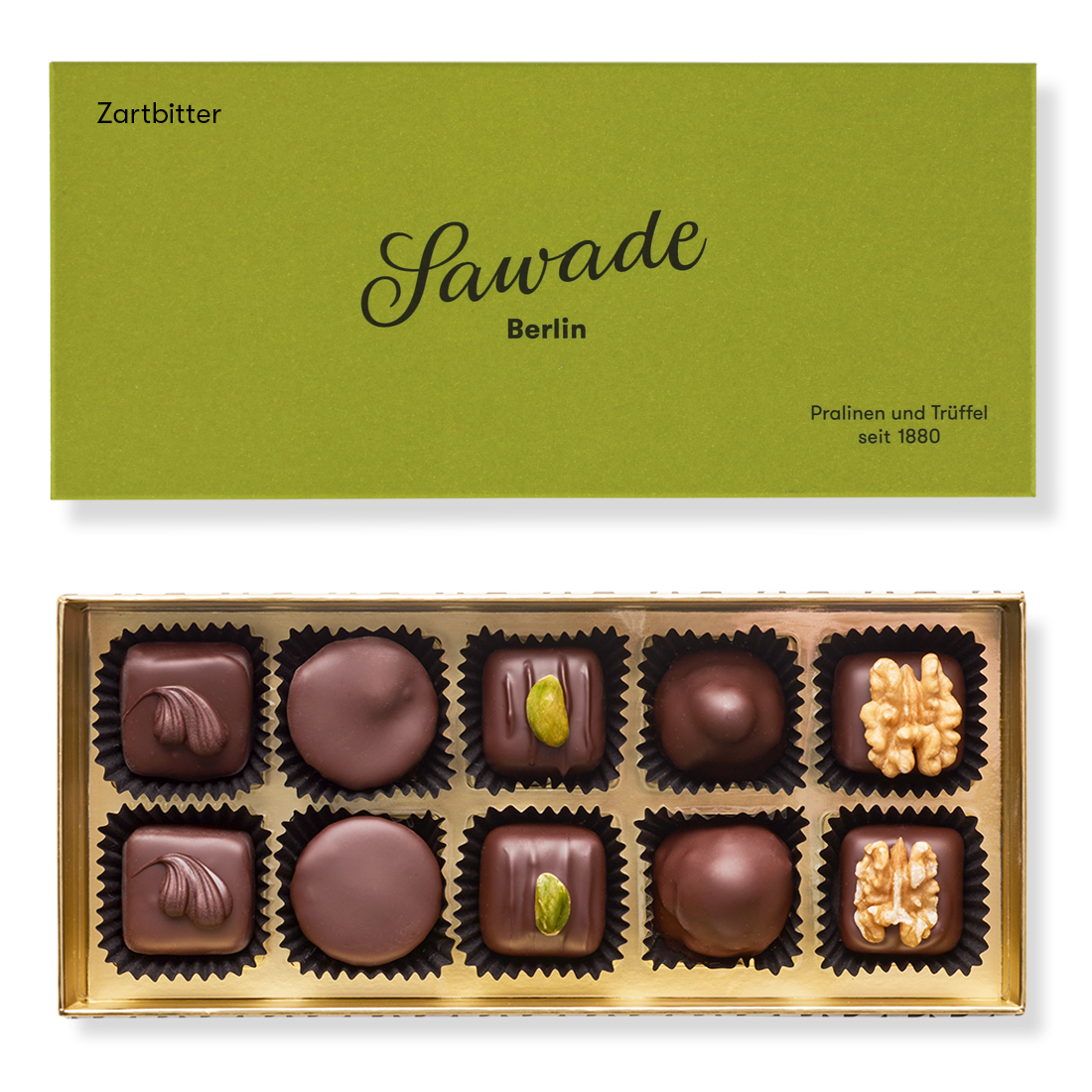 Pralinenschachtel Zartbitter Produktbild: Klassische Pralinenschachtel, Ansicht vom Deckel außen einfarbig Hellgrün und Innenansicht mit zehn unterschiedlichen Pralinen in fünf Sorten