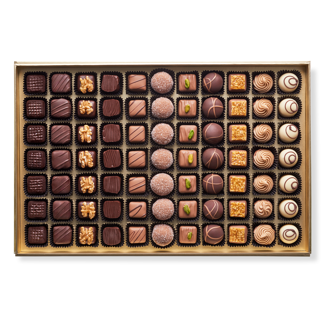 Produktbild: Große Samtschachtel, Innenansicht mit 77 Pralinen in 11 Sorten Produktbild: Große Samtschachtel, Innenansicht mit 77 Pralinen in 11 Sorten