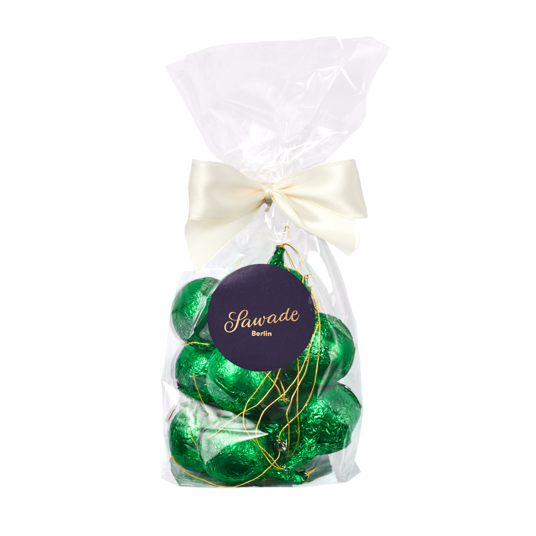 Produktbild: Pralinenkugeln in Grün stannoliert und in einem Beutel mit Schleife verpackt Produktbild: Pralinenkugeln in Grün stannoliert und in einem Beutel mit Schleife verpackt