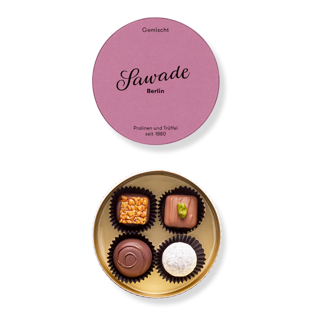 Runddose Gemischt Produktbild: Runddose mit gemischten Pralinen mit geöffnetem Deckel