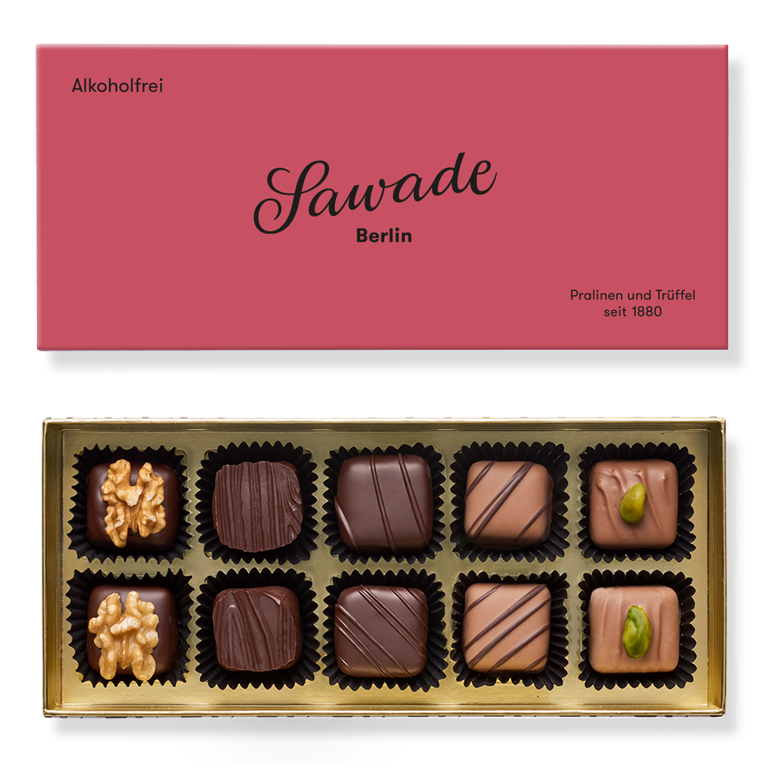 Pralinenschachtel Alkoholfrei Produktbild: Klassische Pralinenschachtel, Ansicht vom Deckel außen einfarbig Rot und Innenansicht mit zehn unterschiedlichen Pralinen in fünf Sorten