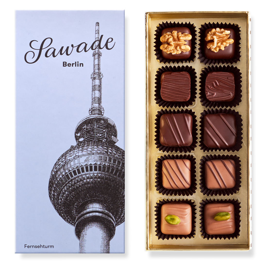 Produktbild: Klassische Pralinenschachtel, Ansicht vom Deckel außen mit Motiv Berliner Fernsehturm und Innenansicht mit zehn unterschiedlichen Pralinen in fünf Sorten