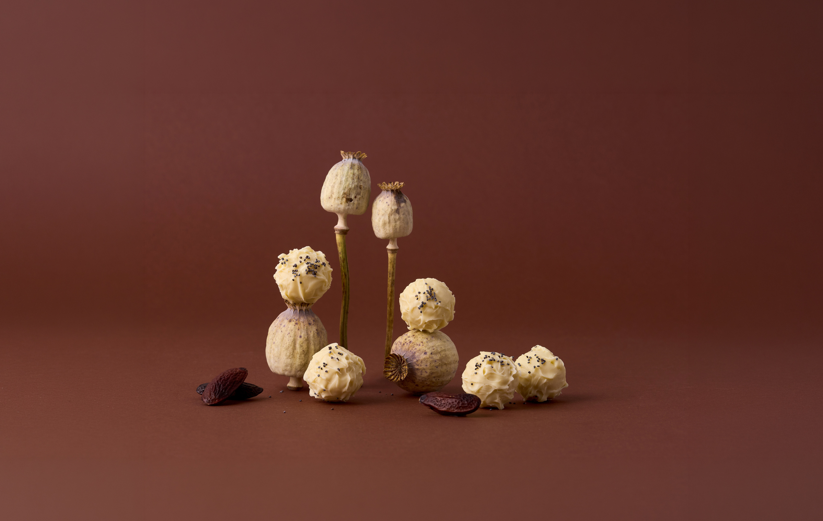 Stimmungsbild: Tonkabohne-Mohn Praline mit Mohnblumen auf braunem Hintergrund