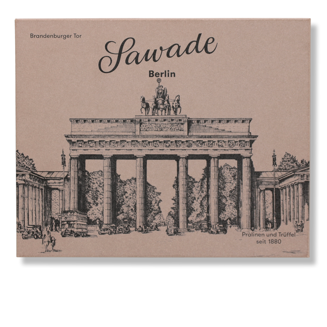 Große Pralinenschachtel Brandenburger Tor Produktbild: Große Pralinenschachtel, Ansicht vom Deckel außen mit Motiv Brandenburger Tor