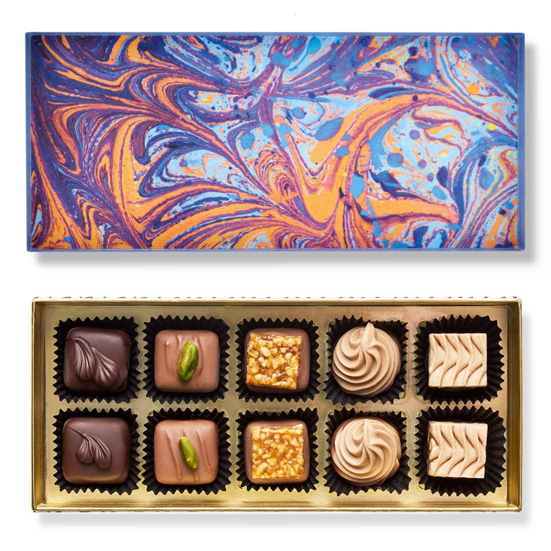 Pralinenschachtel Nougat Produktbild: Klassische Pralinenschachtel, Ansicht vom Deckel innen mit Marmormuster blau-mehrfarbig und Innenansicht mit zehn unterschiedlichen Pralinen in fünf Sorten