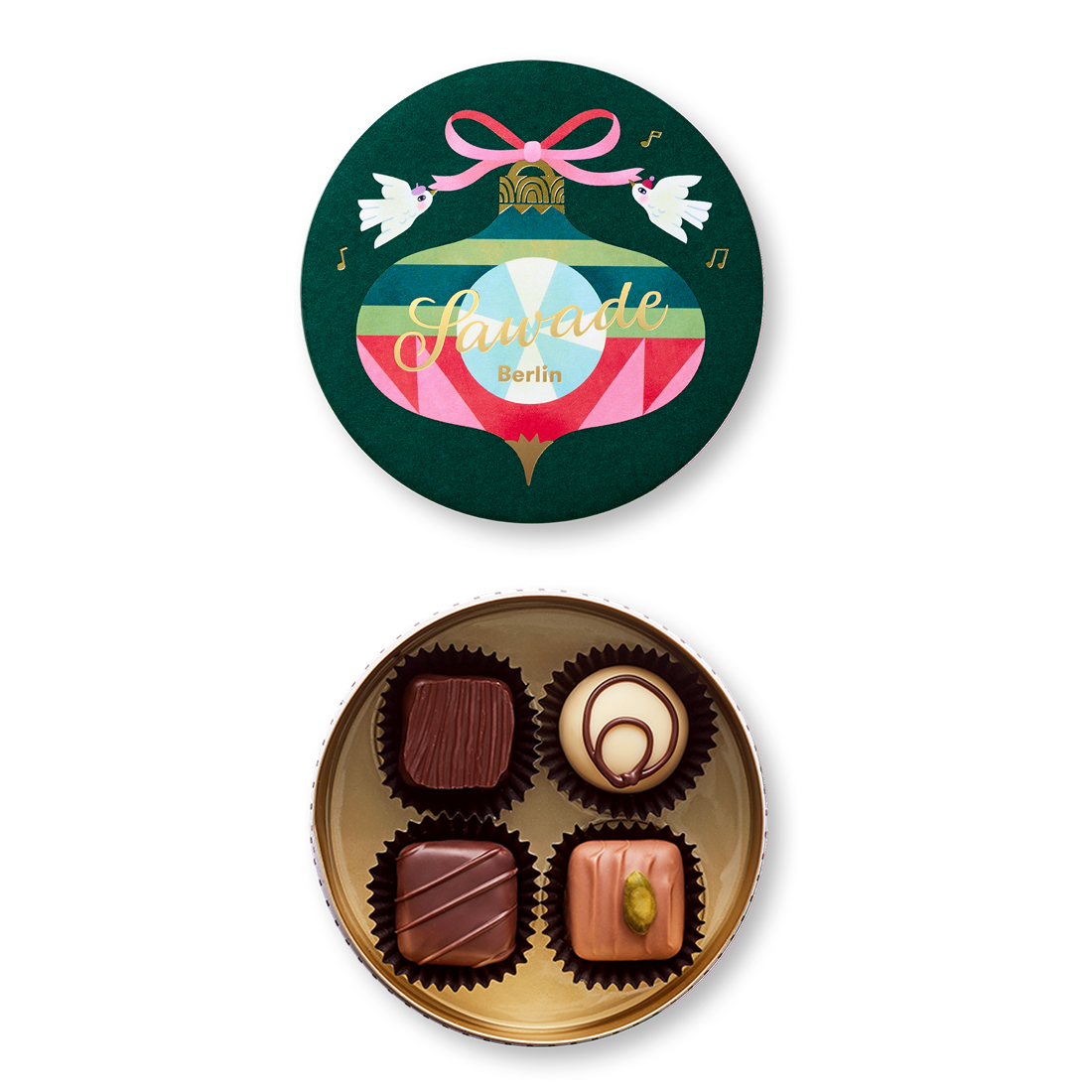 Runddose »Schmuckstück« Kleine Runddose mit vier verschiedenen alkoholfreien Pralinen: Bourbon Vanille, Pistazien Nougat, Trüffelkrokant und Königin Luise