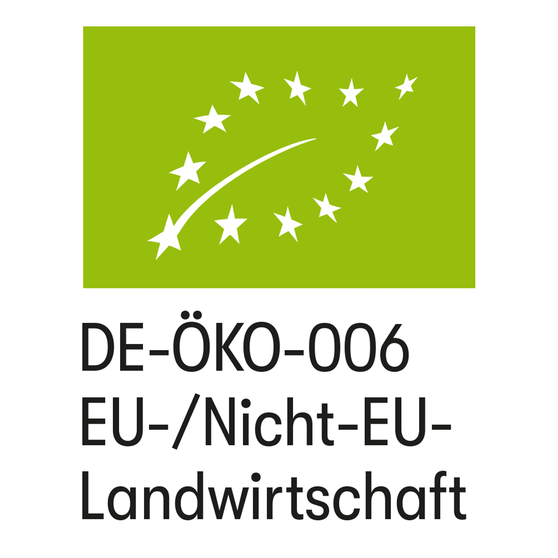 Bio-Siegel mit Kontrollstellennummer DE-ÖKO-006. EU-/Nicht-EU-Landwirtschaft