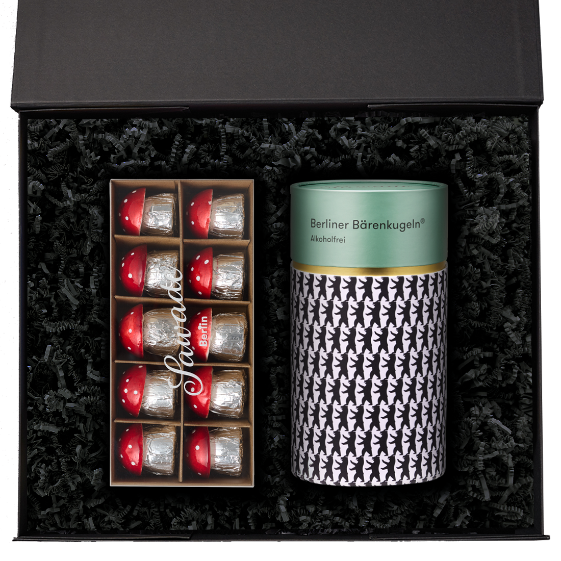 Geschenkbox mit einer Geschenkdose Original Berliner Bäreniugeln und einer Schachtel Schoko-Pilze Viel Glück, 10 Stück