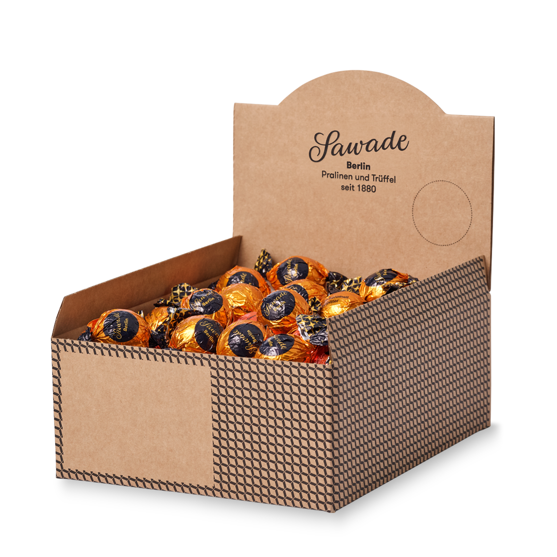 Produktbild: Orange-Karamell Kugel in Zartbitterschokolade im Display Karton