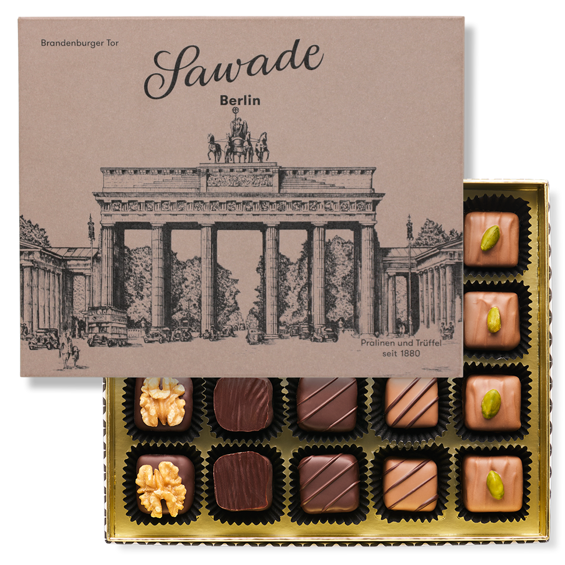 Pralinenschachtel BrandenburgerTor halb geöffnet