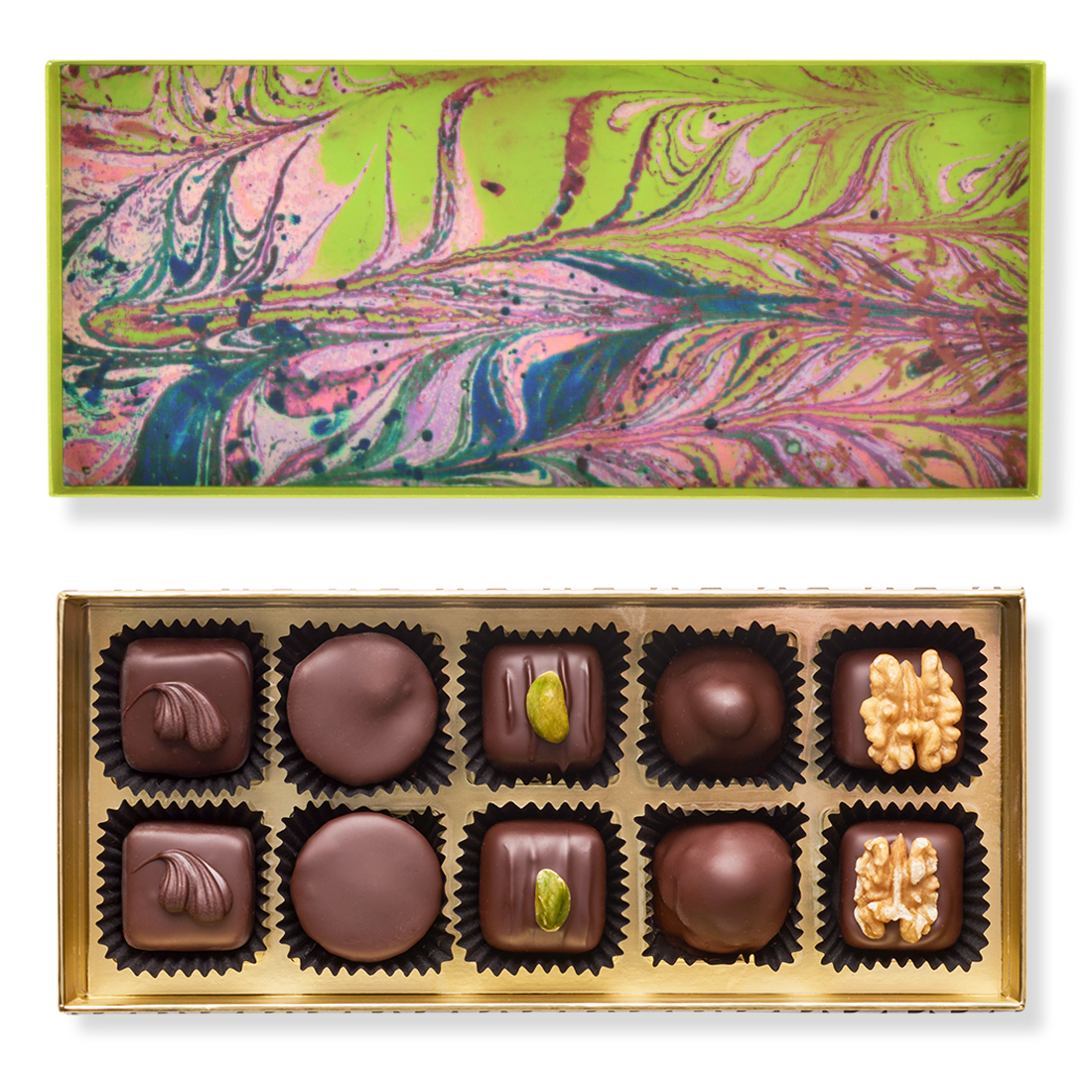 Pralinenschachtel Zartbitter Produktbild: Klassische Pralinenschachtel, Ansicht vom Deckel innen mit Marmormuster grün-mehrfarbig und Innenansicht mit zehn unterschiedlichen Pralinen in fünf Sorten