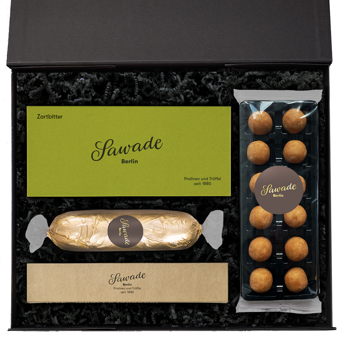 Produktbild: Geschenkeset mit Vegan Schachtel, Marzipanbrot, 6er Stange und Marzipankartoffeln im Blister 