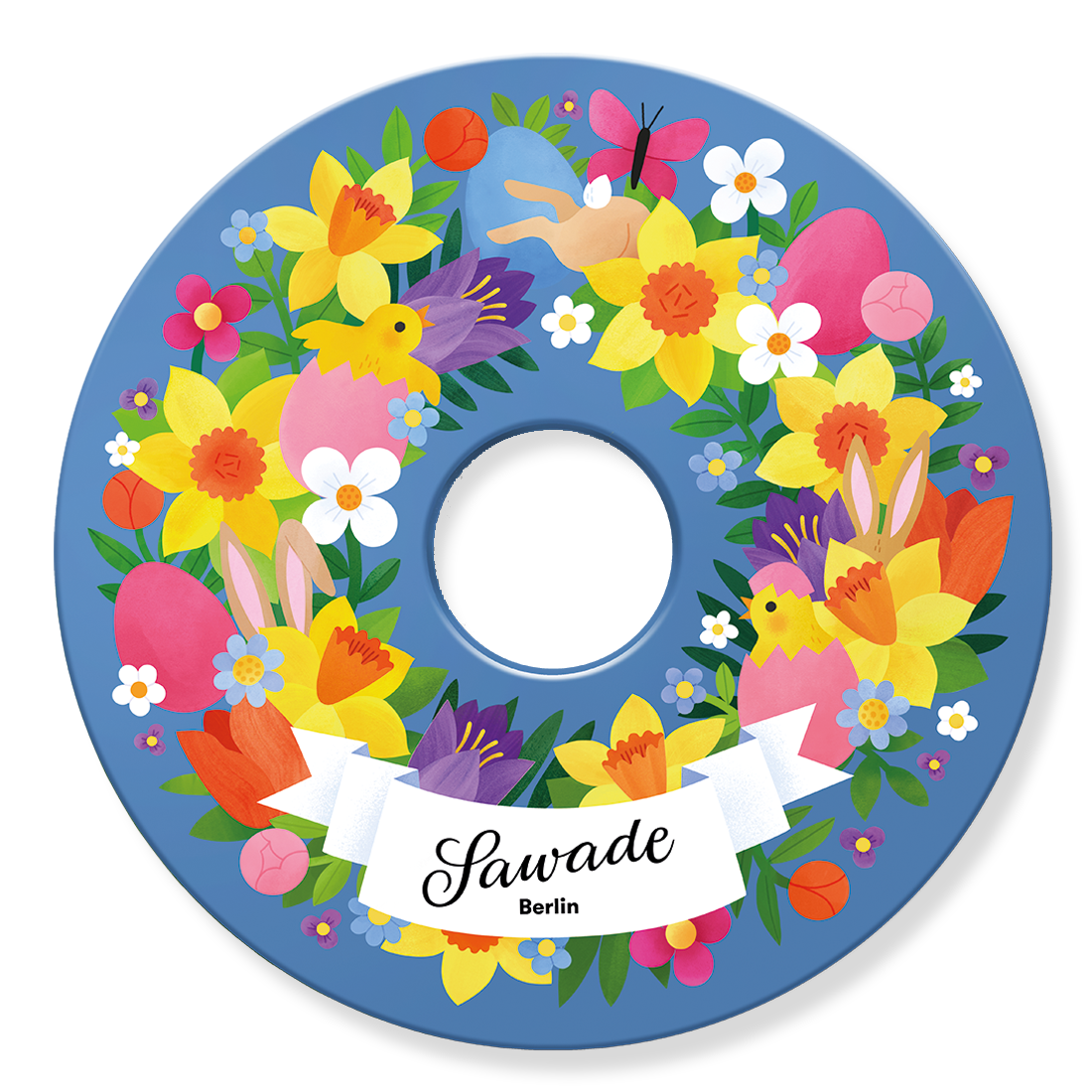 Große Geschenkschachtel »Osterkranz« Deckel Osterkranz Motiv mit Frühlingsblumen und versteckten Osterhasen