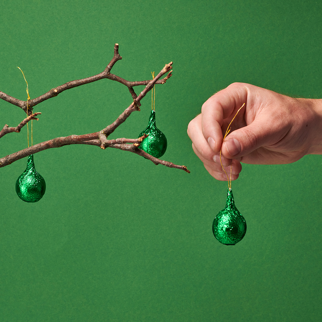 Stimmungsbild: Mensch hängt Weihnachtskugel an einen Zweig Stimmungsbild: Mensch hängt Weihnachtskugel an einen Zweig