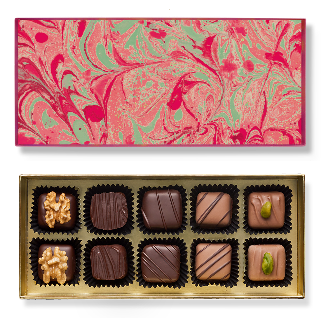 Pralinenschachtel Alkoholfrei Produktbild: Klassische Pralinenschachtel, Ansicht vom Deckel innen mit Marmormuster rot-mehrfarbig und Innenansicht mit zehn unterschiedlichen Pralinen in fünf Sorten