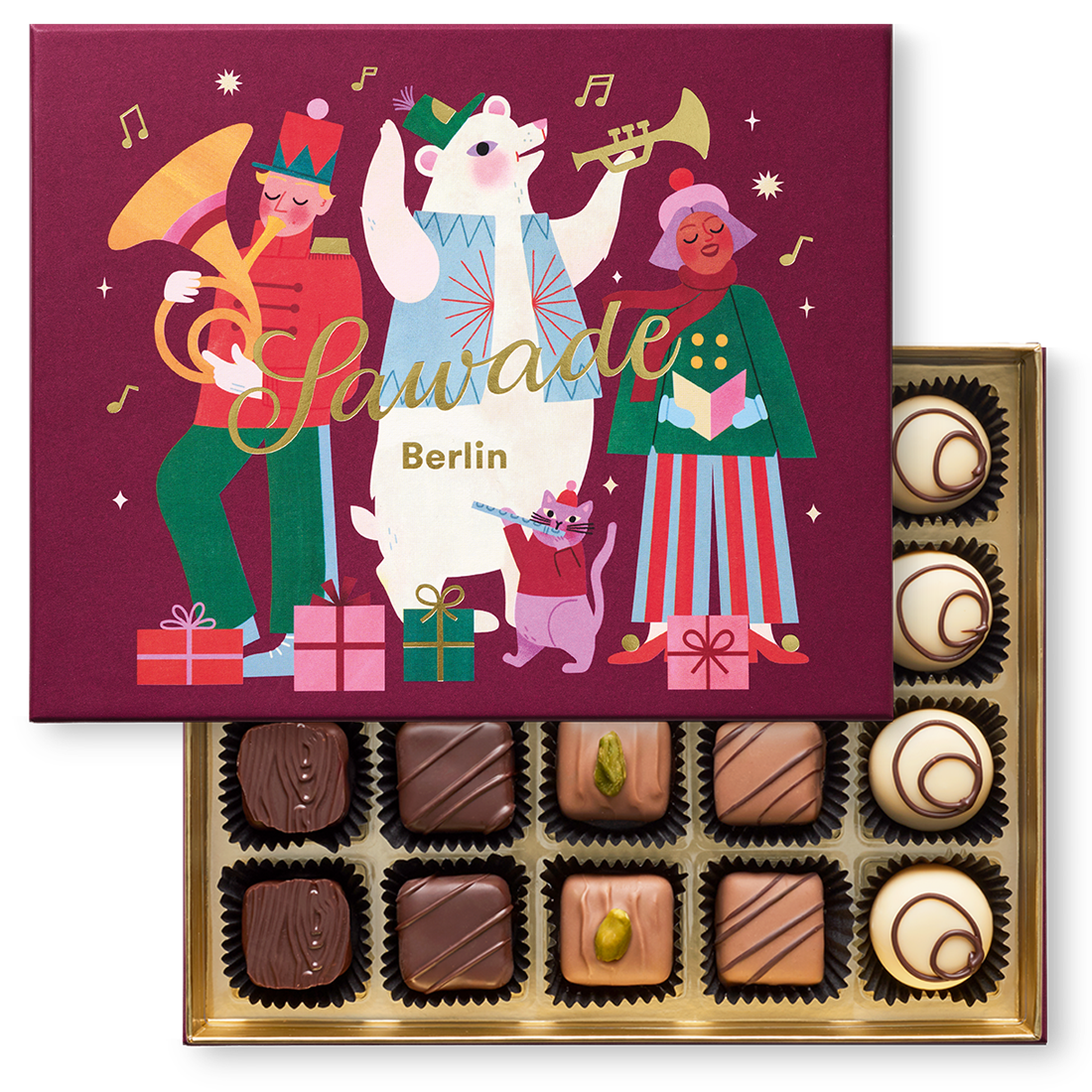 Große Pralinenschachtel mit Motiv Musikanten halb offen