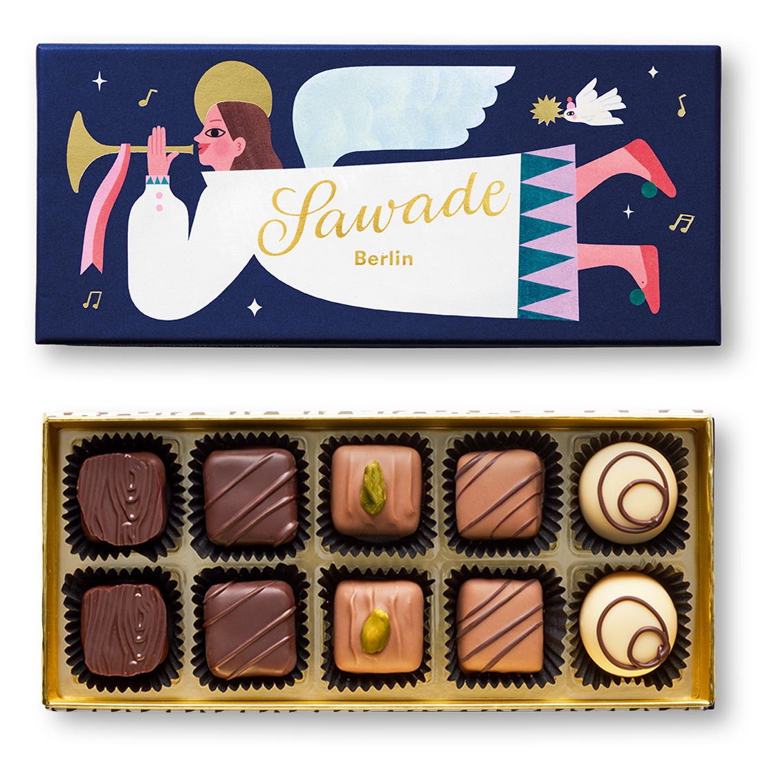 Pralinenschachtel »Engel« Klassische Pralinenschachtel geöffnet mit Motiv Engel