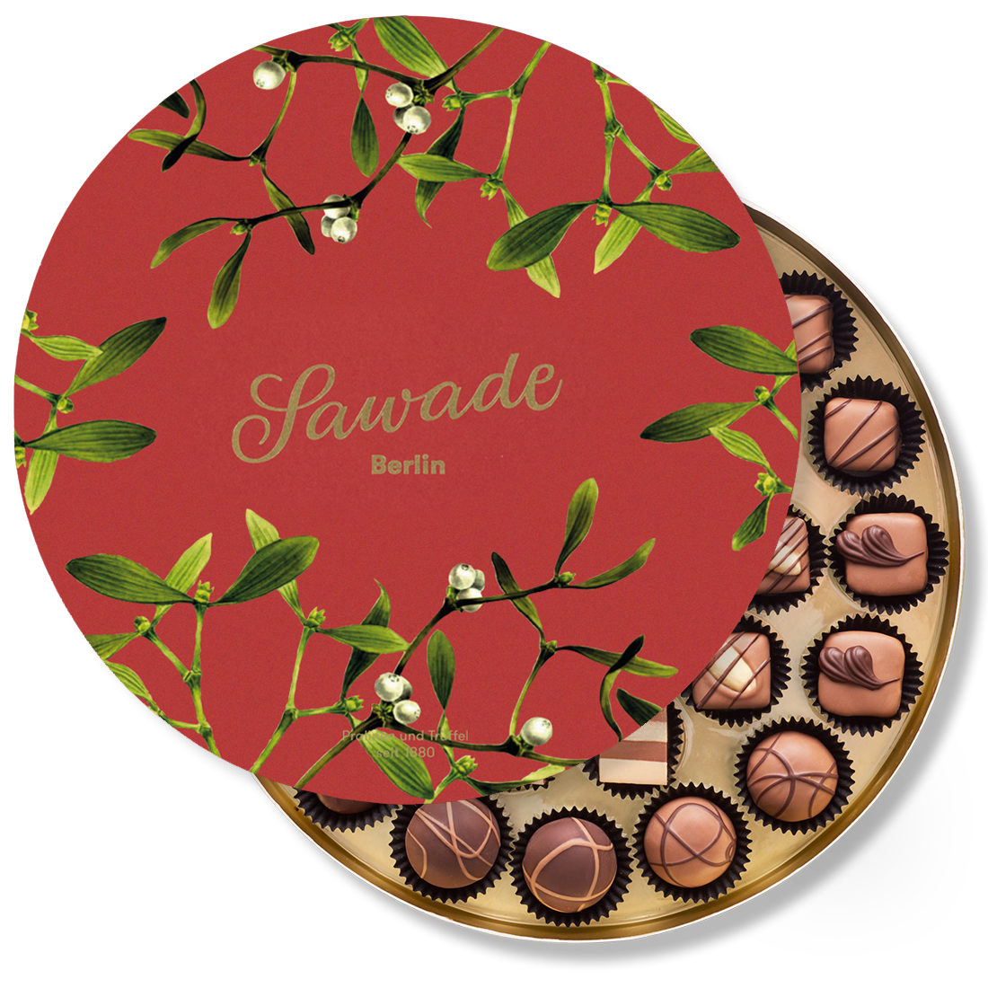 Produktbild: Große, runde Pralinenschachtel mit Motiv Mistelzweig, Ansicht von oben, der Deckel ist leicht geöffnet Produktbild: Große, runde Pralinenschachtel mit Motiv Mistelzweig, Ansicht von oben, der Deckel ist leicht geöffnet