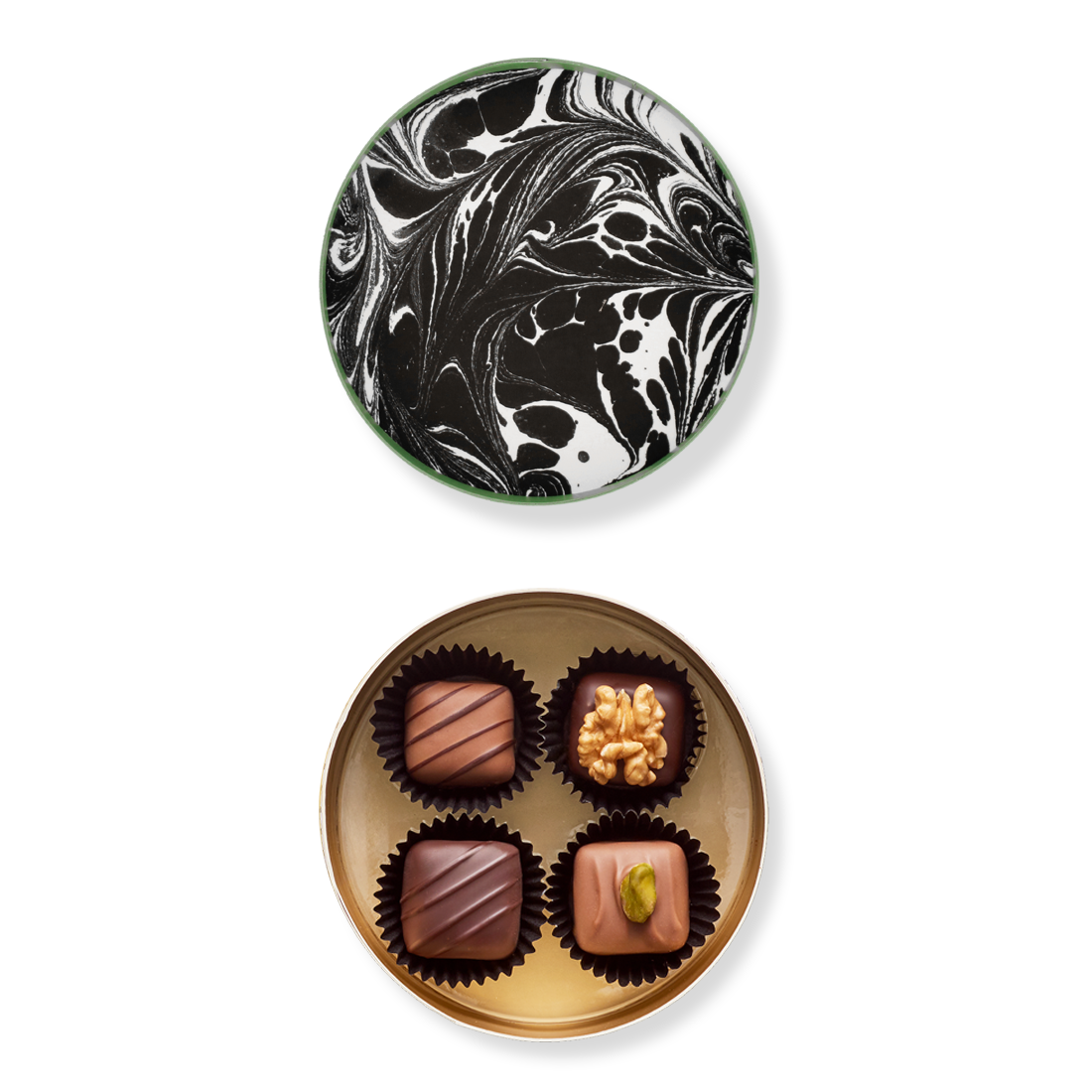 Runddose Berliner Bär Produktbild: Kleine Runddose, Ansicht vom Deckel innen mit Marmormuster schwarz-weiß und Innenansicht mit vier unterschiedlichen Pralinen