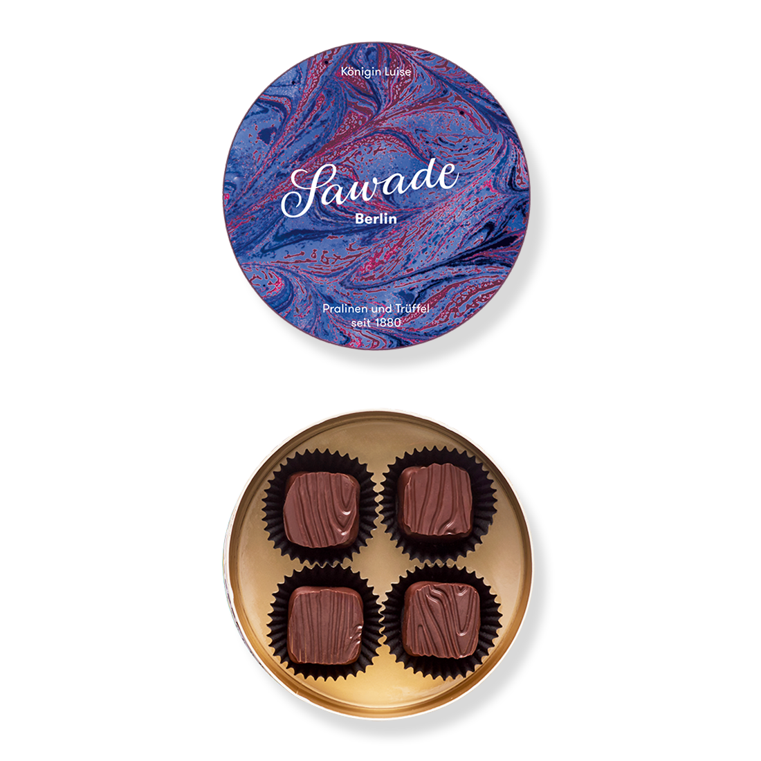 Runddose Königin Luise Praline Produktbild: Kleine Runddose, Ansicht vom Deckel außen mit Marmormuster violett-blau und Innenansicht mit vier Königin Luise Pralinen