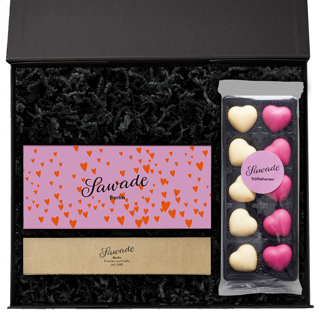 Produktbild: Geschenkeset Liebe mit klassischer Pralinenschachtel, Trüffelherzen im Blister und 6er Stange