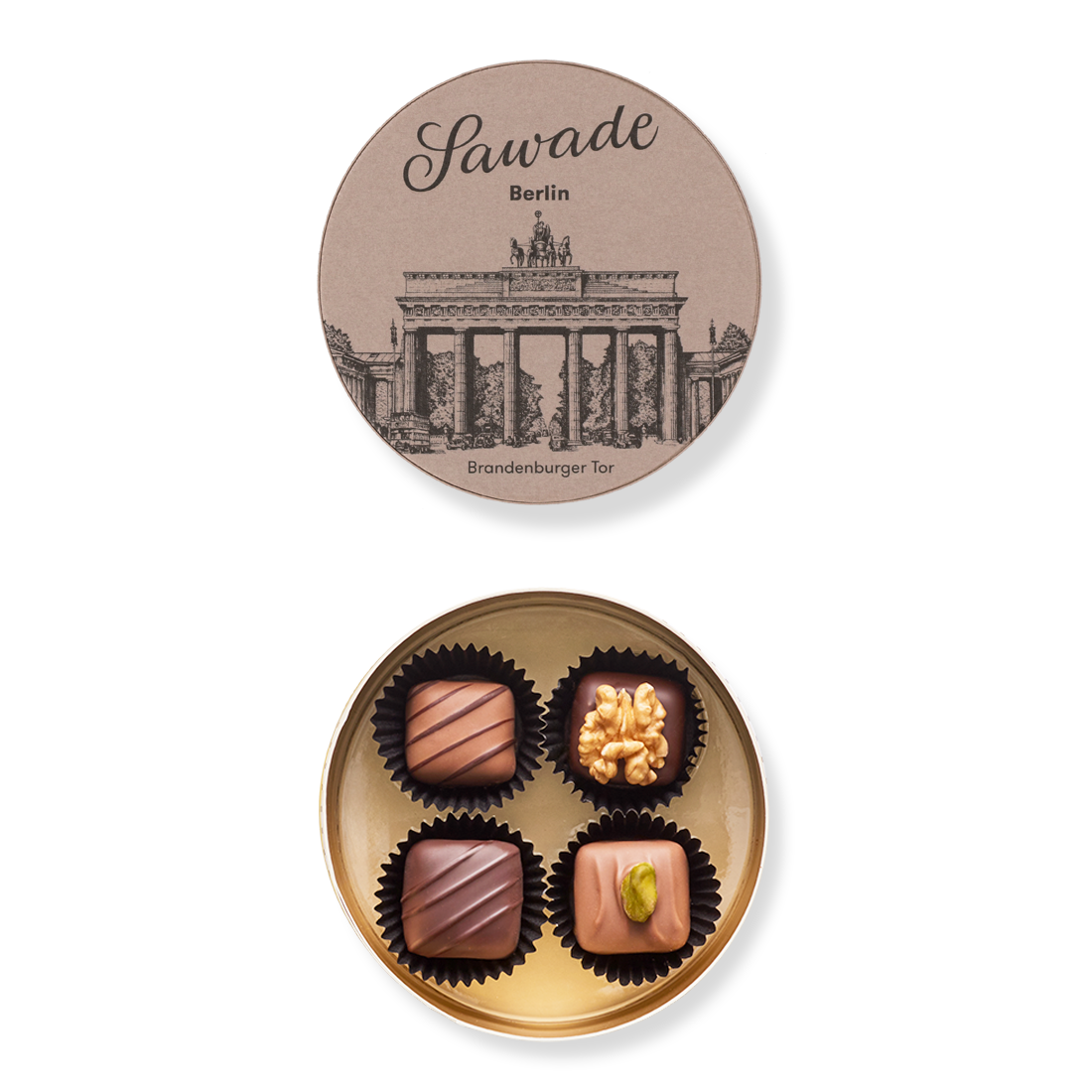 Runddose Brandenburger Tor Produktbild: Kleine Runddose, Ansicht vom Deckel außen mit Motiv Brandenburger Tor und Innenansicht mit vier unterschiedlichen Pralinen