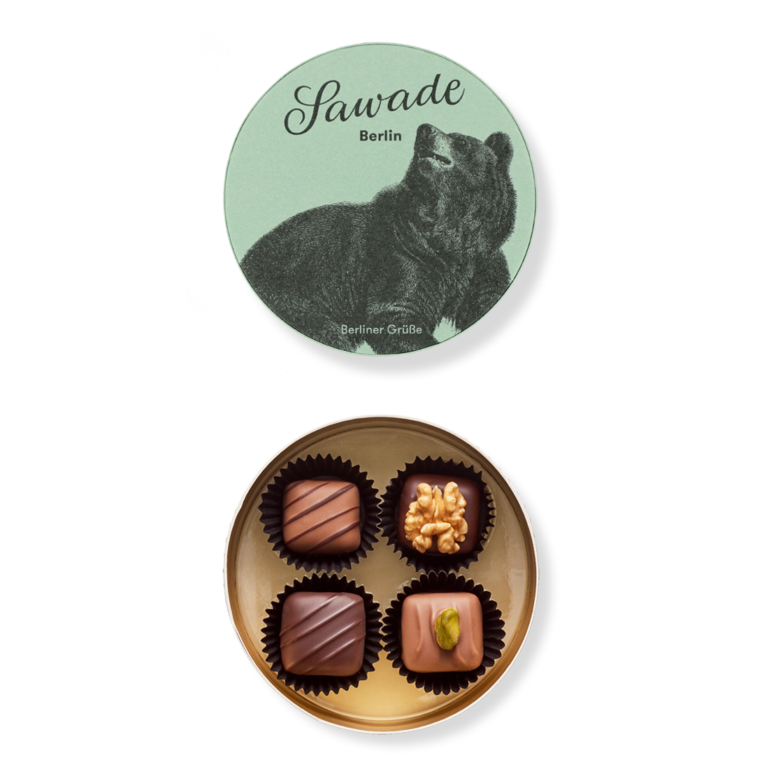 Runddose Berliner Bär Produktbild: Kleine Runddose, Ansicht vom Deckel außen mit Bären-Motiv und Innenansicht mit vier unterschiedlichen Pralinen