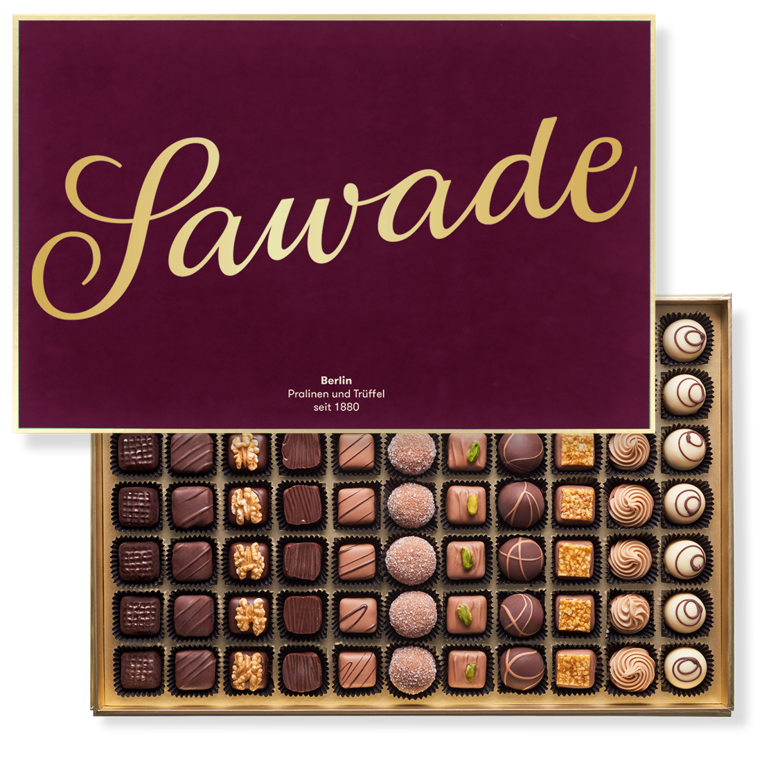 Produktbild: Große Samtschachtel, Außenansicht vom Deckel sowie Innenansicht mit 77 Pralinen in 11 Sorten Produktbild: Große Samtschachtel, Außenansicht vom Deckel sowie Innenansicht mit 77 Pralinen in 11 Sorten