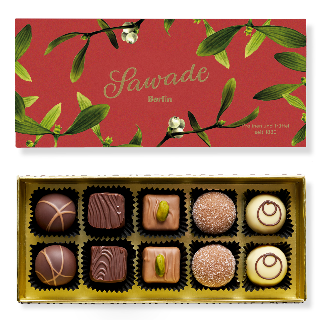 Produktbild: Klassische Pralinenschachtel, Ansicht vom Deckel außen mit weihnachtlichem Motiv Mistelzweig und Innenansicht mit zehn unterschiedlichen Pralinen in fünf Sorten