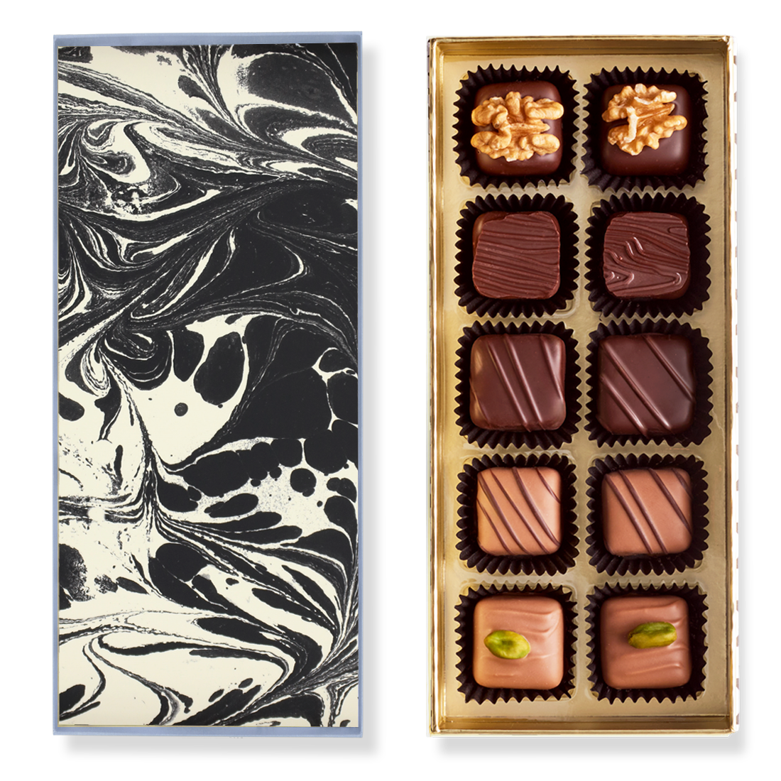 Produktbild: Klassische Pralinenschachtel, Ansicht vom Deckel innen mit Marmormuster schwarz-weiß und Innenansicht mit zehn unterschiedlichen Pralinen in fünf Sorten