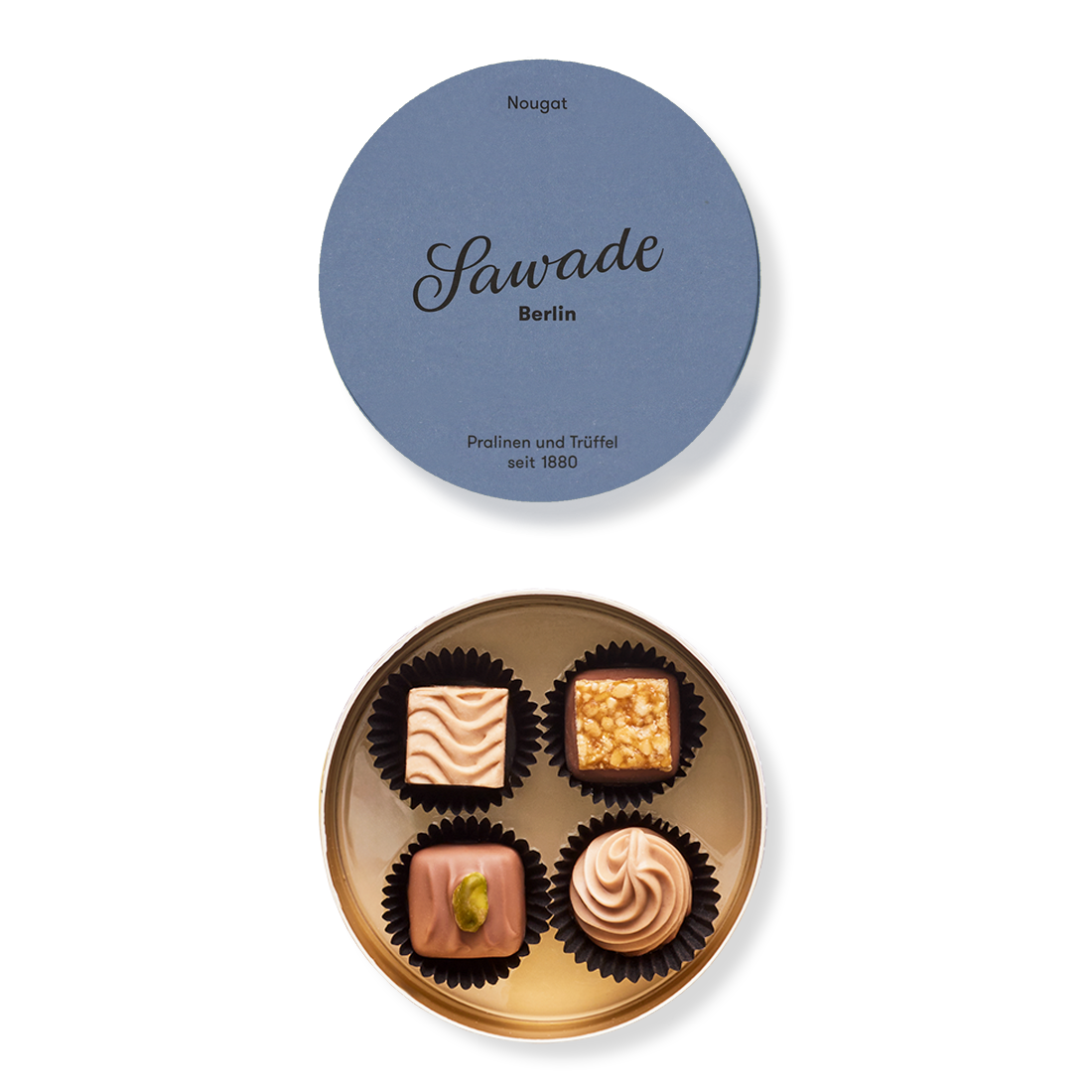 Runddose Nougat Produktbild: Kleine Runddose, Ansicht vom Deckel außen einfarbig Hellblau und Innenansicht mit vier unterschiedlichen Pralinen
