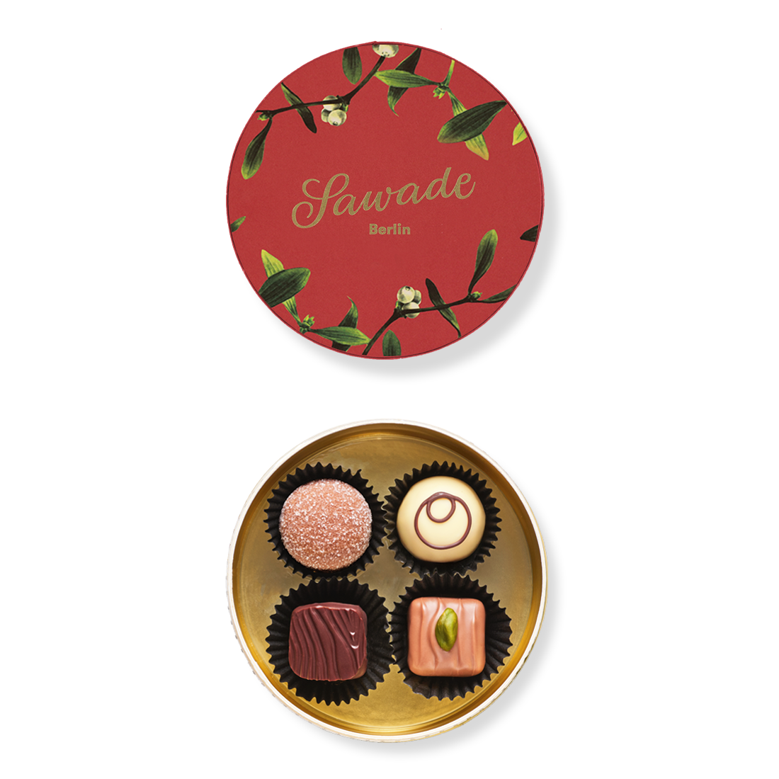 Runddose »Mistelzweig« Produktbild: Kleine Runddose, Ansicht vom Deckel außen mit weihnachtlichem Motiv Mistelzweig und Innenansicht mit vier unterschiedlichen Pralinen