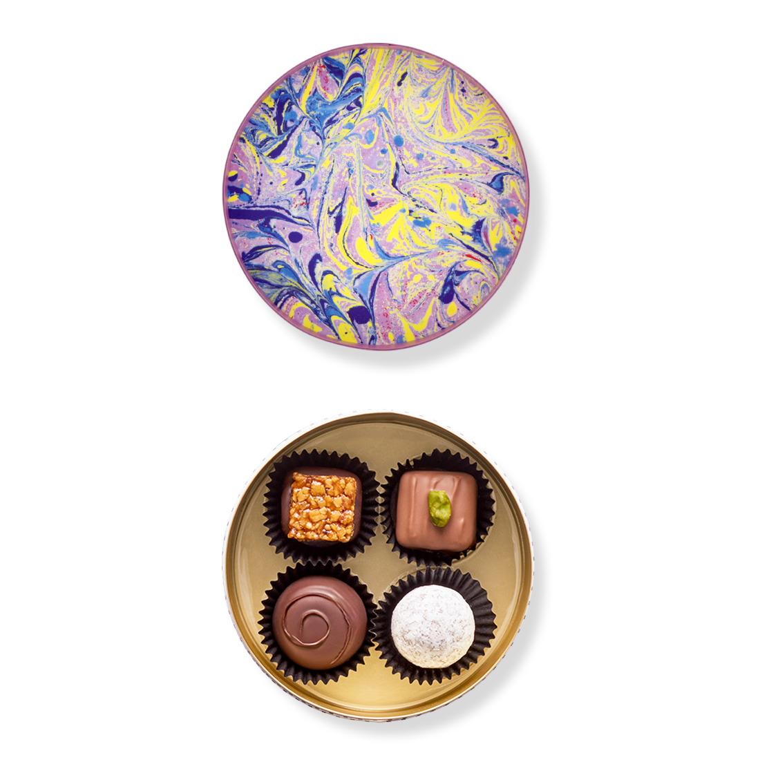Runddose Gemischt Produktbild: Runddose mit gemischten Pralinen mit geöffnetem Deckel