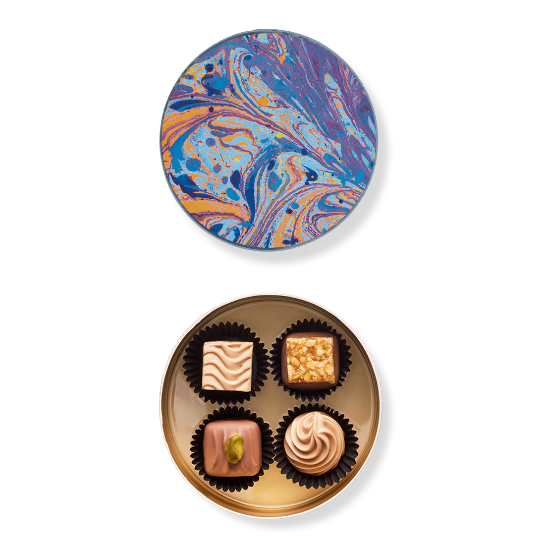Runddose Nougat Produktbild: Kleine Runddose, Ansicht vom Deckel innen mit Marmormuster blau-mehrfarbig und Innenansicht mit vier unterschiedlichen Pralinen