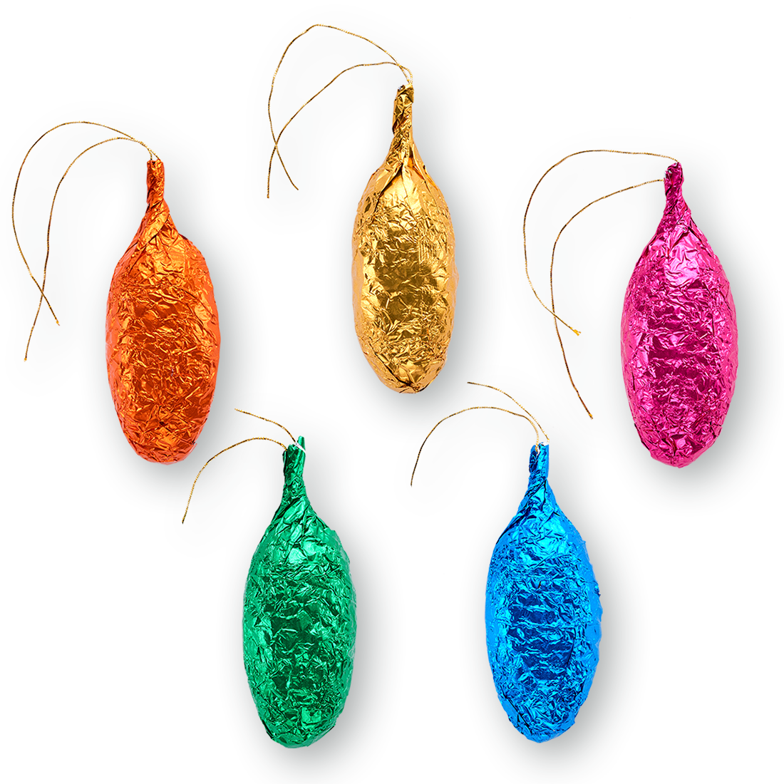 Baumschmuck in orange, gold, grün, blau und pink