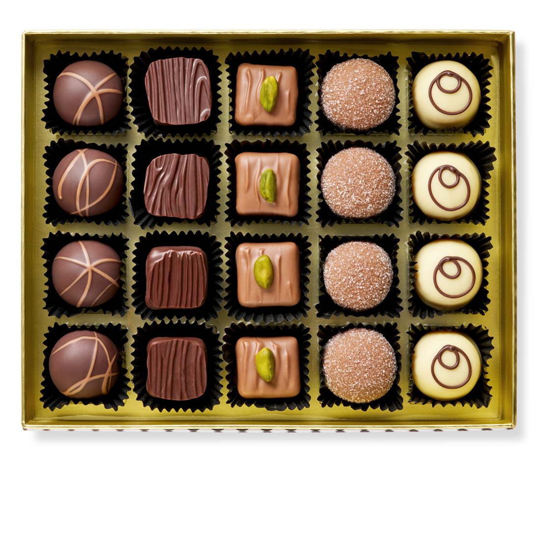 Große Pralinenschachtel »Mistelzweig« Produktbild: geöffnete Schachtel mit Pralinen