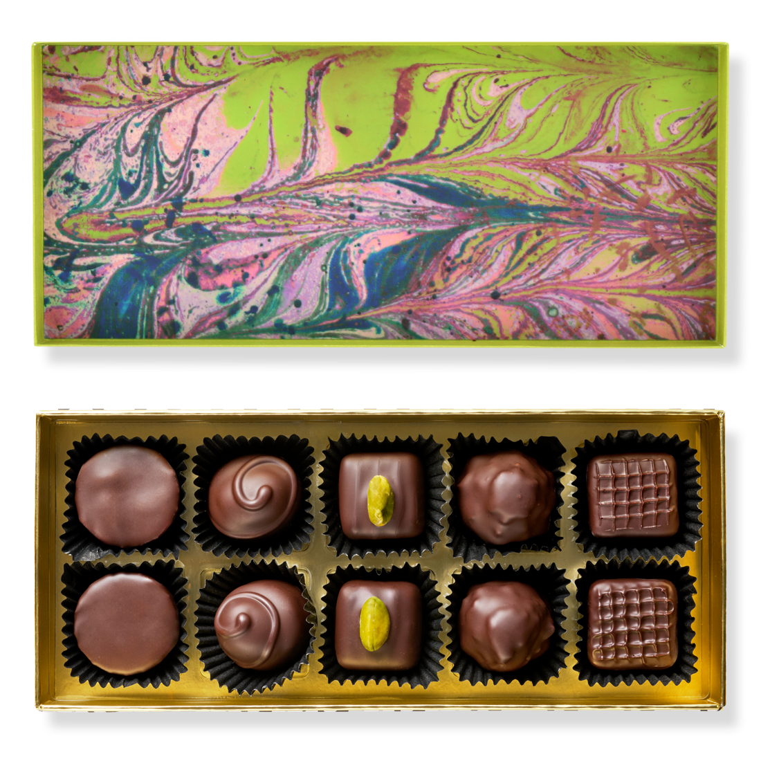 Pralinenschachtel Zartbitter Produktbild: Klassische Pralinenschachtel, Ansicht vom Deckel innen mit Marmormuster grün-mehrfarbig und Innenansicht mit zehn unterschiedlichen Pralinen in fünf Sorten