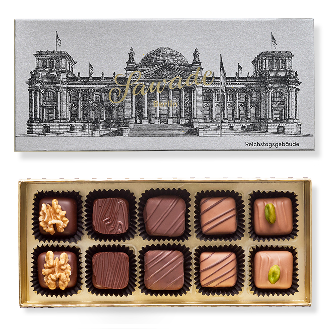 Produktbild: Klassische Pralinenschachtel, Ansicht vom Deckel außen mit Motiv Berliner Fernsehturm und Innenansicht mit zehn unterschiedlichen Pralinen in fünf Sorten Produktbild: Klassische Pralinenschachtel, Ansicht vom Deckel außen mit Motiv Berliner Fernsehturm und Innenansicht mit zehn unterschiedlichen Pralinen in fünf Sorten